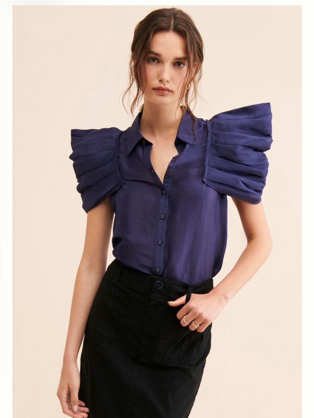 Anthropologie Deep Navy Pleated Puff-Sleeve Button Blouse